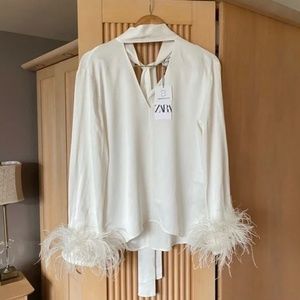 Zara White Feather Trim Satin Blouse